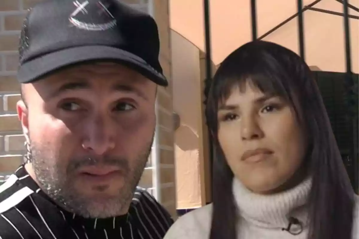 Montaje en primer plano de Kiko Rivera serio con gorra negra y Isa Pantoja seria con cuello alto beige