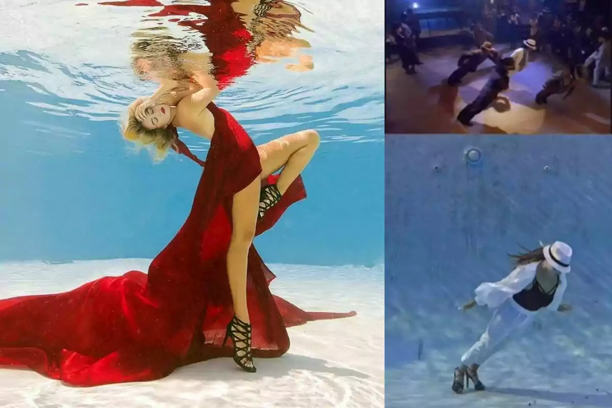 Una mujer con un vestido rojo posa bajo el agua mientras en las imágenes de la derecha se ven personas bailando en un escenario y otra persona inclinándose en una piscina vacía.