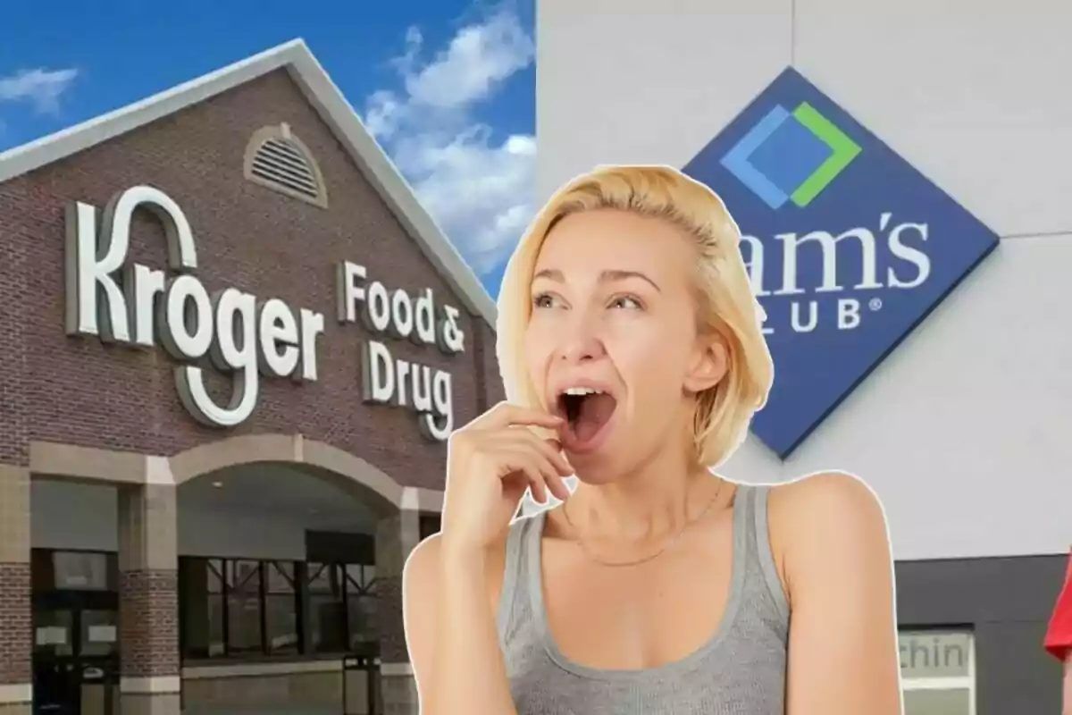 Mujer rubia sorprendida frente a los letreros de Kroger y Sam's Club