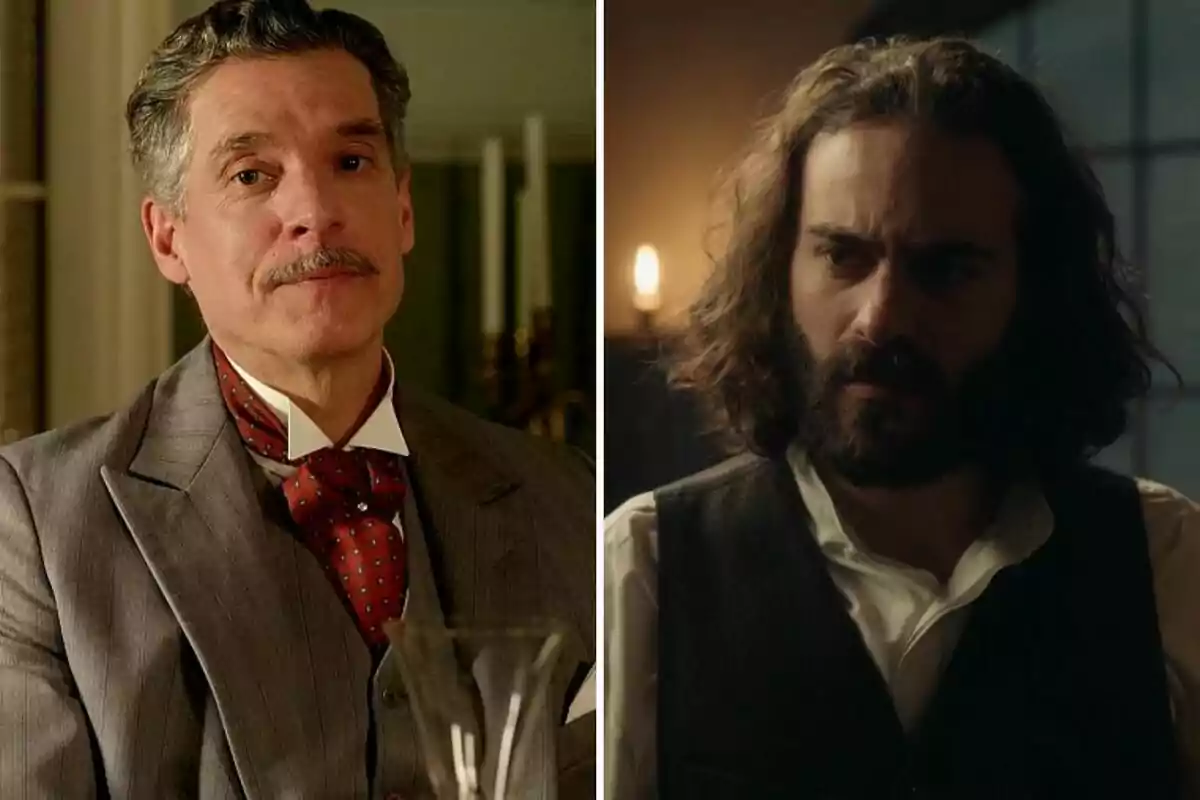 Lisandro y Adriano con estilos de vestimenta antiguos, uno con traje gris y corbata roja, el otro con cabello largo y barba, usando chaleco oscuro y camisa blanca, ambos en ambientes interiores diferentes. Lisandro y Adriano con estilos de vestimenta antiguos, uno con traje gris y corbata roja, el otro con cabello largo y barba, usando chaleco oscuro y camisa blanca, ambos en ambientes interiores diferentes.