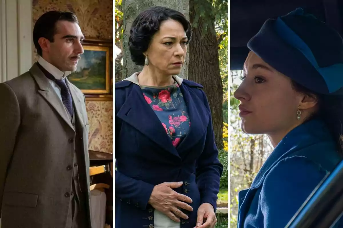 Lorenzo, Leocadia y Ángela vestidas con ropa de época, un hombre con bigote y traje, una mujer de cabello corto y oscuro con chaqueta azul y blusa floral, y otra mujer con sombrero azul y abrigo a juego, cada una en diferentes escenarios Lorenzo, Leocadia y Ángela vestidas con ropa de época, un hombre con bigote y traje, una mujer de cabello corto y oscuro con chaqueta azul y blusa floral, y otra mujer con sombrero azul y abrigo a juego, cada una en diferentes escenarios