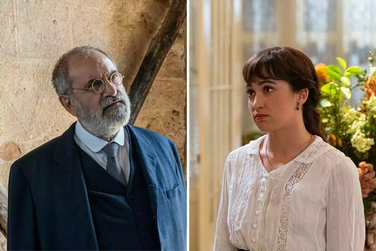 Rómulo viste un traje oscuro mientras Catalina con blusa blanca y expresión seria está de pie frente a un fondo con flores. Rómulo viste un traje oscuro mientras Catalina con blusa blanca y expresión seria está de pie frente a un fondo con flores.