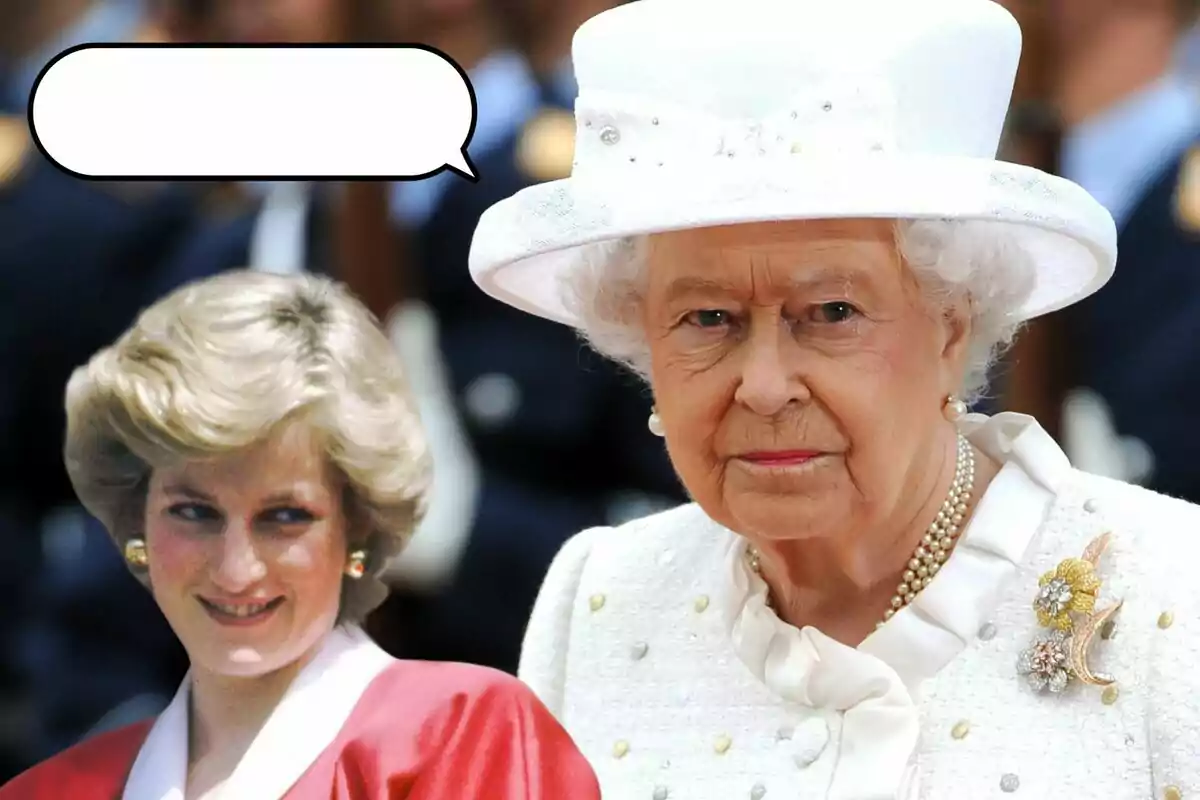 Lady Di e Isabel II vestidas elegantemente, una con un sombrero blanco y la otra con un vestido rojo, con un globo de diálogo vacío sobre la mujer de rojo. Lady Di e Isabel II vestidas elegantemente, una con un sombrero blanco y la otra con un vestido rojo, con un globo de diálogo vacío sobre la mujer de rojo.