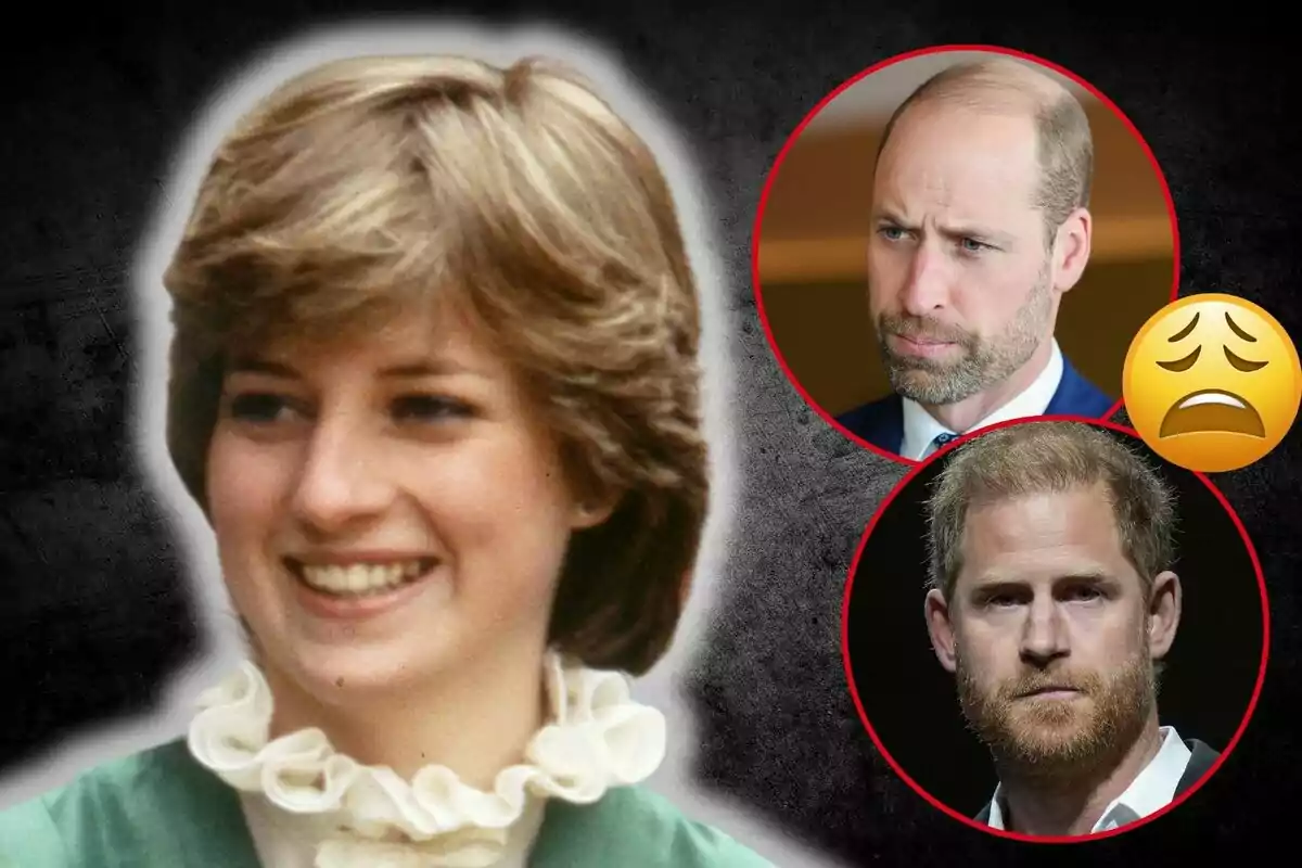 Lady Di sonriente en primer plano con los príncipes Guillermo y Harry en círculos rojos en la esquina superior derecha junto a un emoji de cara preocupada.