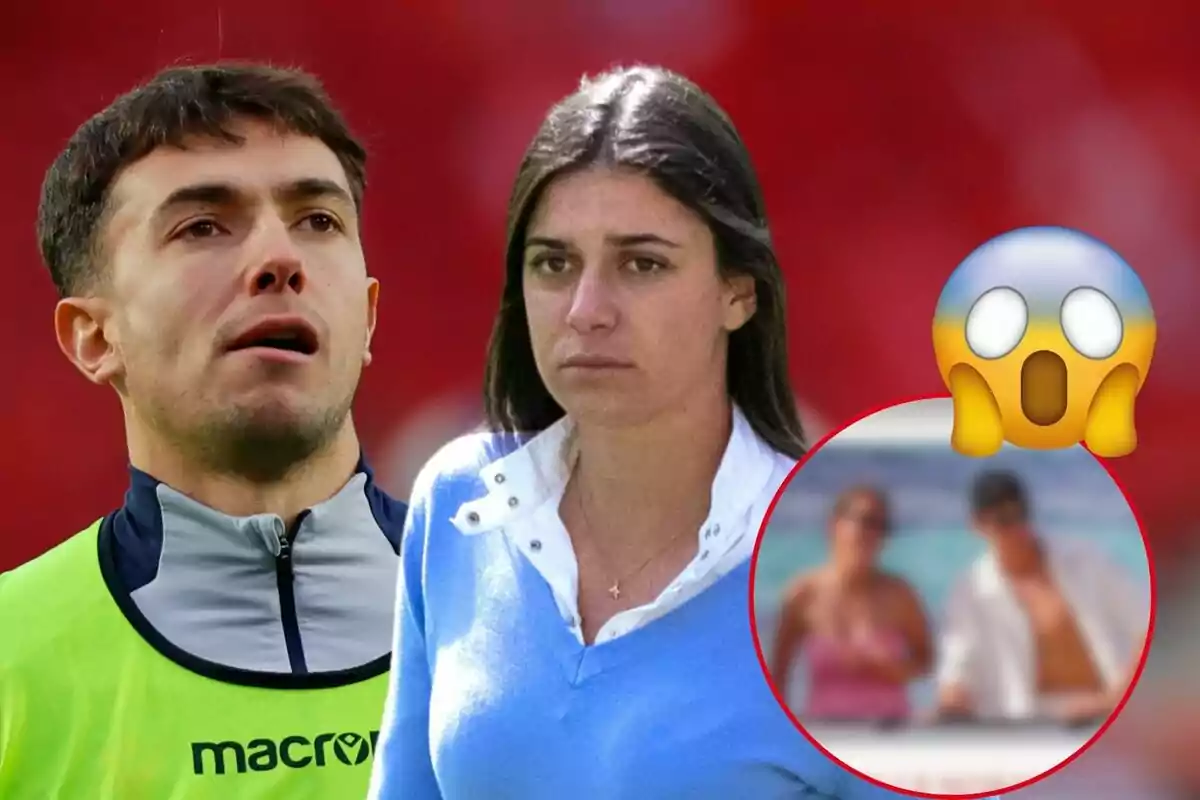 Le Normand con uniforme deportivo y Sira Martínez con suéter azul, con un emoji de sorpresa y una imagen borrosa de una pareja en la esquina inferior derecha.