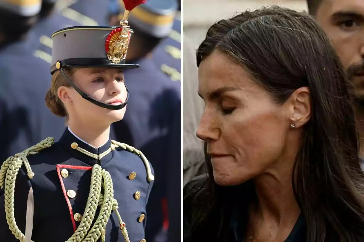 Leonor vestida con uniforme militar y Letizia de perfil con expresión seria.