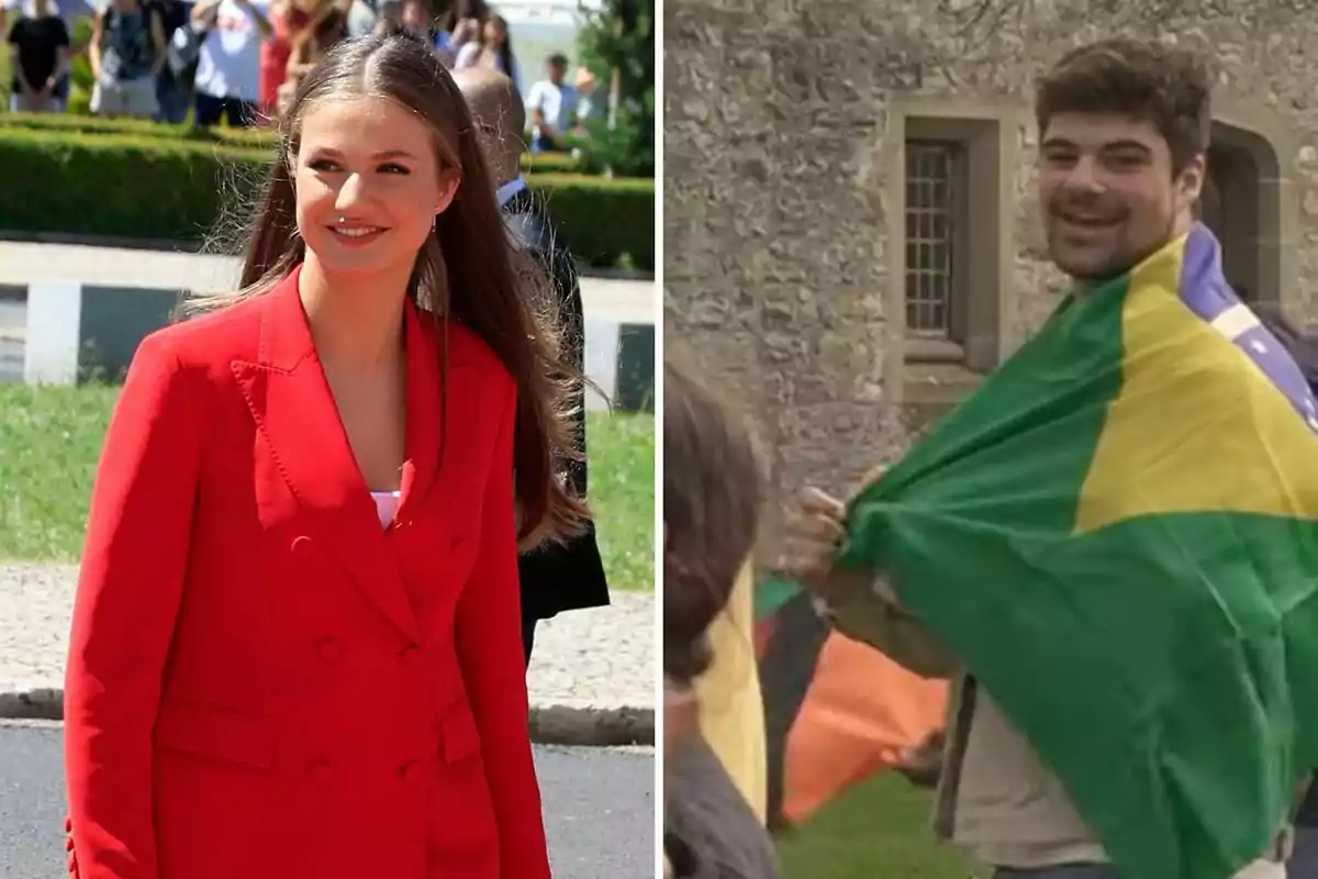 Leonor y Gabriel Giacomelli en diferentes escenarios: a la izquierda, una mujer con un traje rojo sonríe al aire libre; a la derecha, un hombre sostiene una bandera verde, amarilla y azul frente a un edificio de piedra.