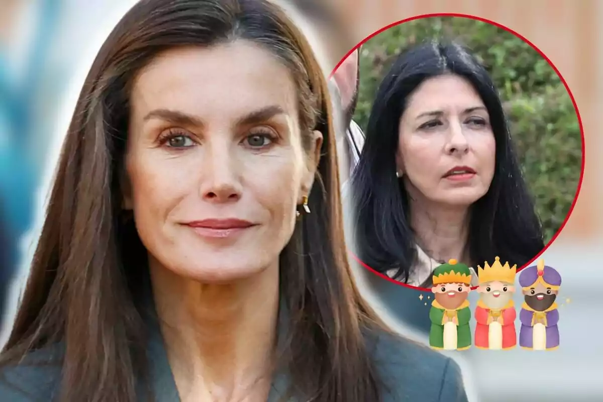 Letizia de cabello oscuro y expresión serena aparece en primer plano, mientras que en un círculo rojo a la derecha se muestra a Ana Togores con cabello negro y tres figuras de los Reyes Magos.