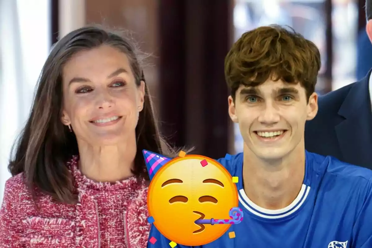 Letizia y Pablo Urdangarin sonrientes con un emoji de fiesta en el centro.