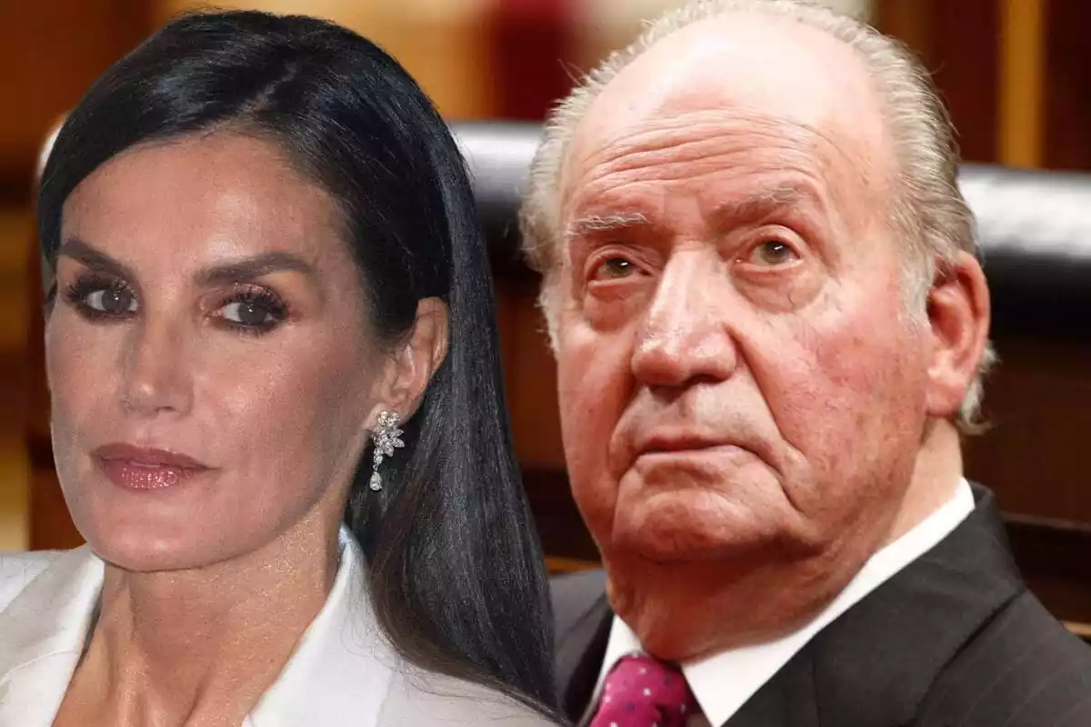 Montaje en primer plano de Letizia y Juan Carlos I serios