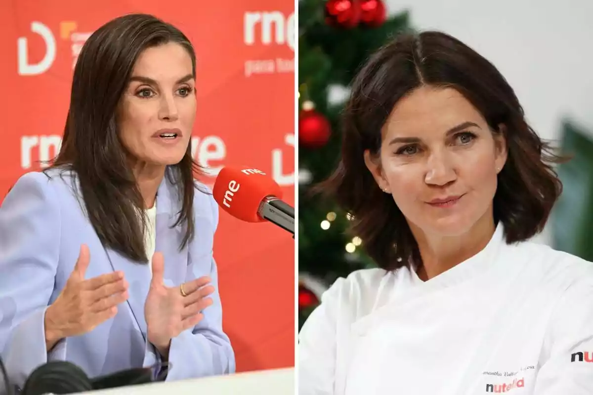 Letizia y Samantha Vallejo-Nágera en un montaje fotográfico, una hablando en un micrófono con fondo rojo y la otra con uniforme de chef frente a un árbol de Navidad.