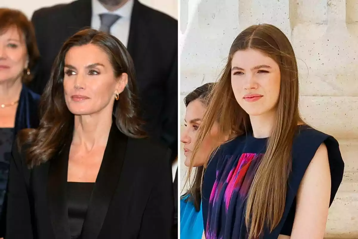Letizia y la infanta Sofía posan en diferentes entornos, una con cabello oscuro y traje negro, la otra con cabello claro y vestido colorido. Letizia y la infanta Sofía posan en diferentes entornos, una con cabello oscuro y traje negro, la otra con cabello claro y vestido colorido.