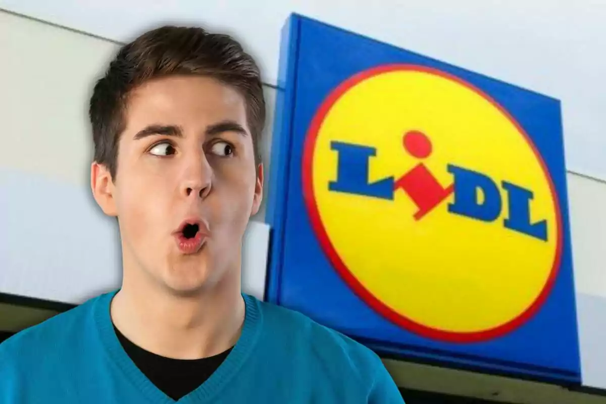 Un hombre con expresión de sorpresa frente al logo de una tienda Lidl.