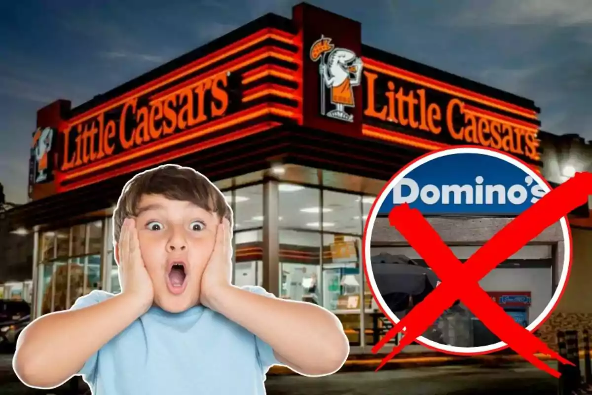 Un niño sorprendido frente a una sucursal de Little Caesars con el logo de Domino's tachado en rojo