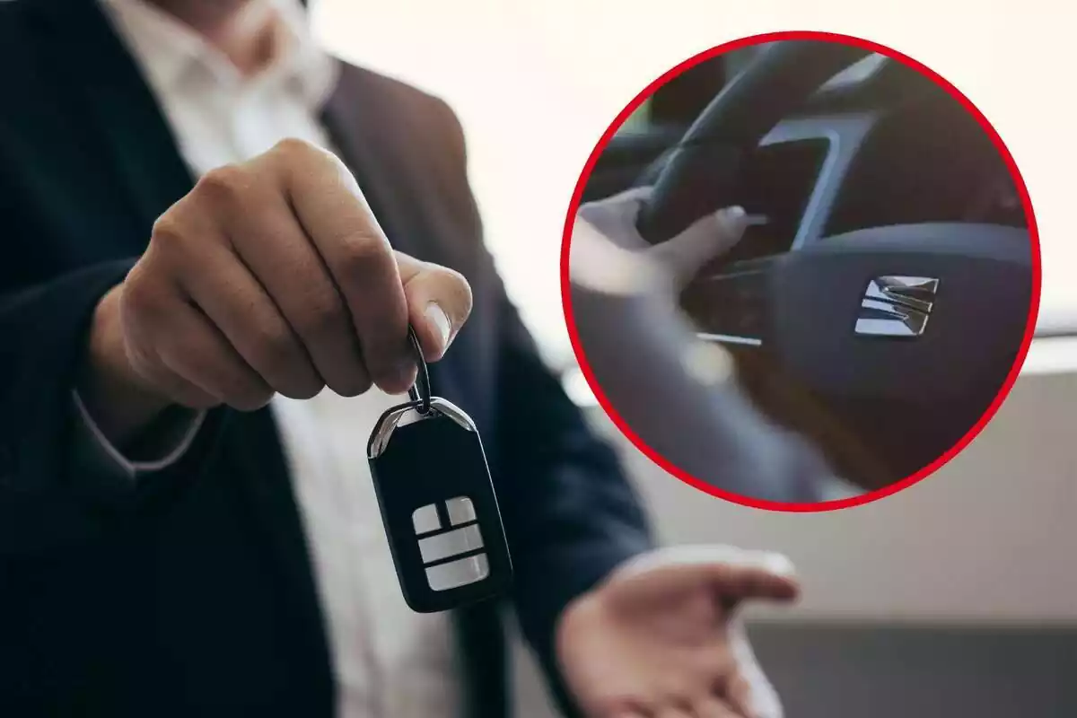 Montaje con una persona sujetando la llave de un coche y un círculo con el volante de un coche con el logo de SEAT