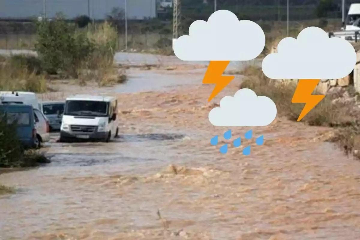 Montaje con varios coches inundados y un camino con agua embarrada y emojis de tormenta