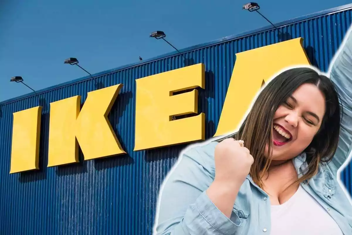 Montaje con el letrero de Ikea en el exterior de una de sus tiendas y una mujer contenta celebrando con los brazos en alto