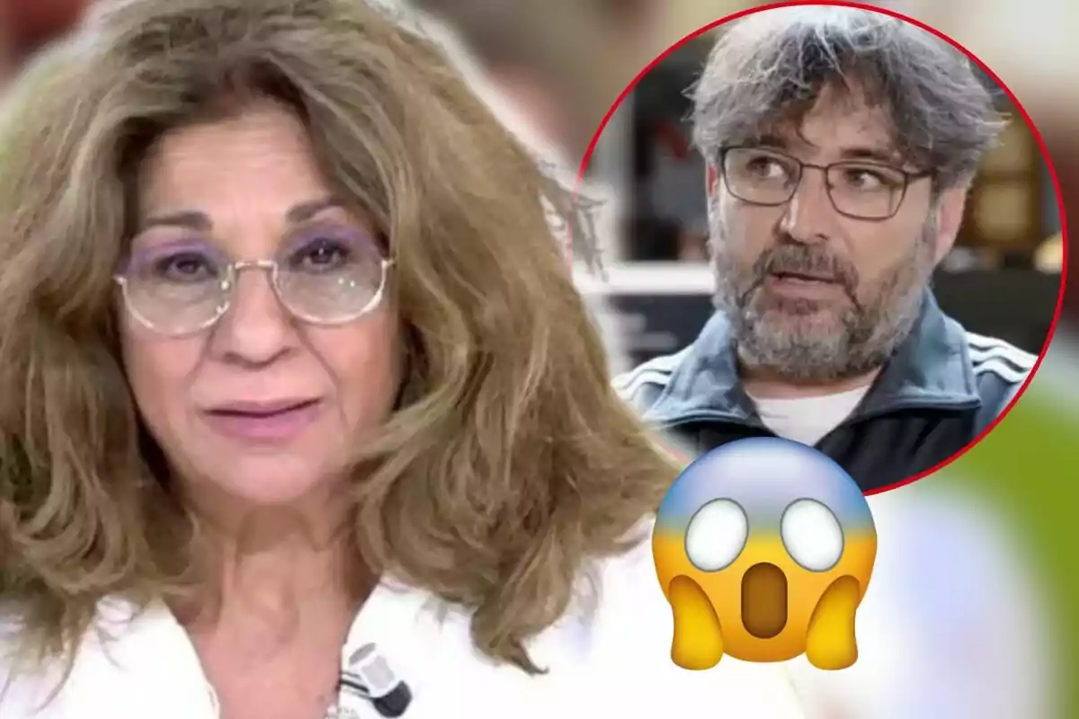 Lolita Flores con gafas y cabello largo aparece en primer plano, mientras que en un círculo rojo al fondo se ve a Jordi Évole con barba y gafas, junto a un emoji de sorpresa.