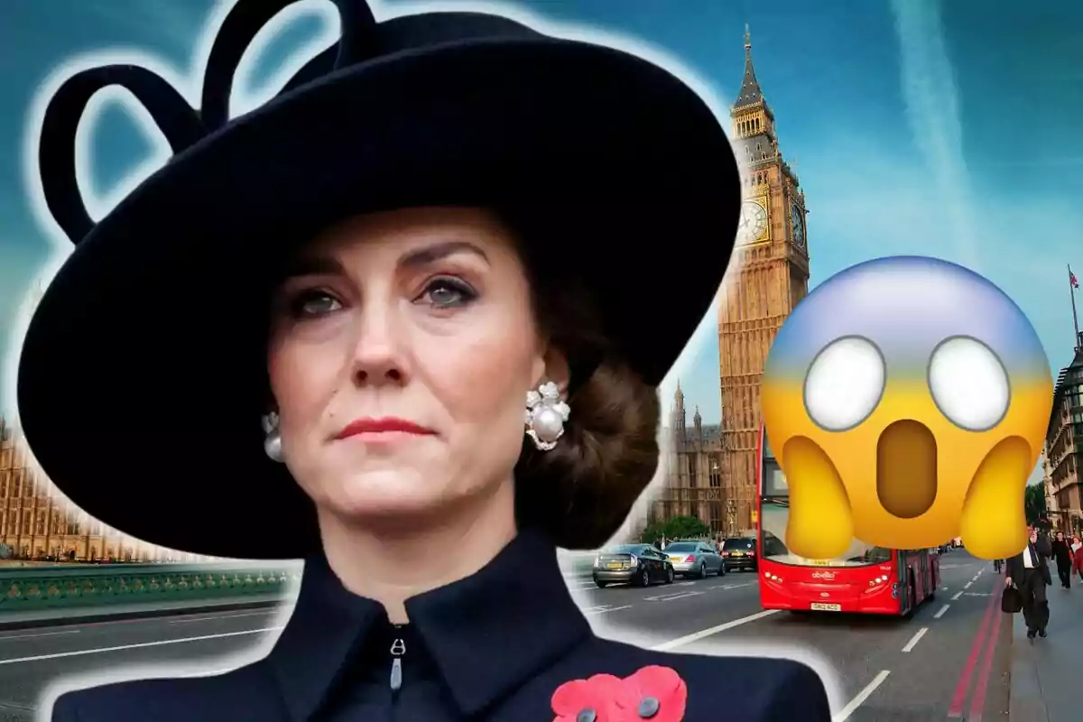 Kate Middleton con sombrero negro y expresión seria frente al Big Ben en Londres con un emoji sorprendido superpuesto.