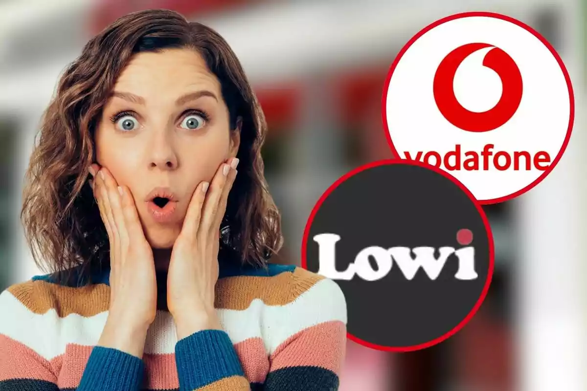 Una mujer con expresión de sorpresa, con las manos en las mejillas, y los logotipos de Vodafone y Lowi en el fondo.