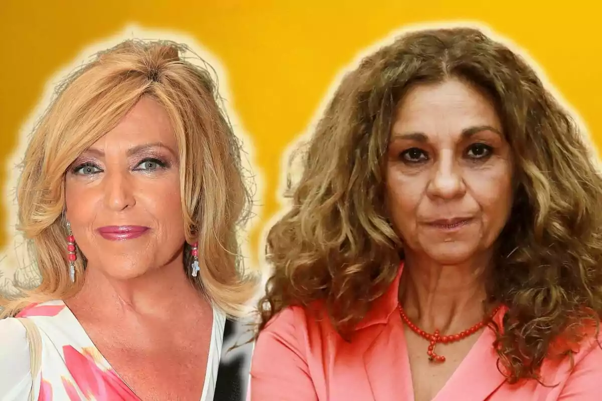 Lydia Lozano y Lolita Flores posan frente a un fondo amarillo, una con cabello rubio y la otra con cabello rizado castaño.