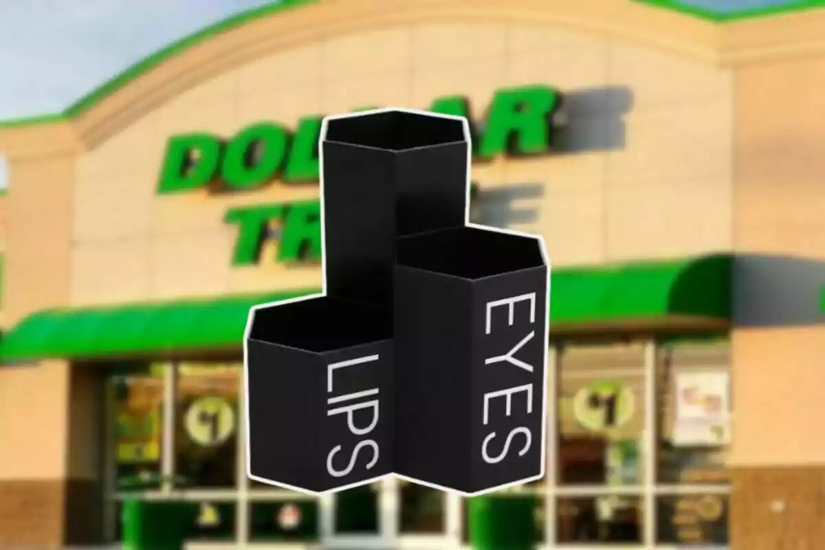 Frente de una tienda Dollar Tree con un organizador negro de maquillaje con las palabras lips y eyes en el centro de la imagen Frente de una tienda Dollar Tree con un organizador negro de maquillaje con las palabras lips y eyes en el centro de la imagen