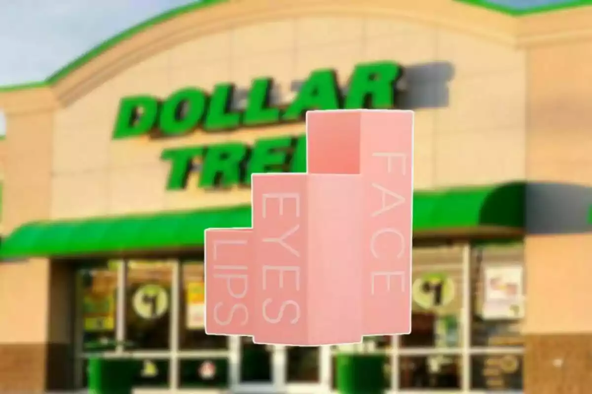 Un expositor rosa de maquillaje con las palabras lips eyes y face frente a una tienda Dollar Tree desenfocada Un expositor rosa de maquillaje con las palabras lips eyes y face frente a una tienda Dollar Tree desenfocada