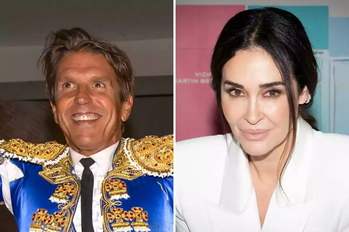 Manuel Díaz y Vicky Martín Berrocal posando en un evento, una vestida con un traje de luces azul y dorado y la otra con un atuendo blanco. Manuel Díaz y Vicky Martín Berrocal posando en un evento, una vestida con un traje de luces azul y dorado y la otra con un atuendo blanco.