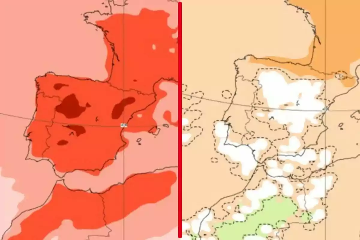 Comparación de dos mapas climáticos de la península ibérica y el sur de Francia con diferentes gamas de colores y una línea roja vertical en el centro separando ambos mapas Comparación de dos mapas climáticos de la península ibérica y el sur de Francia con diferentes gamas de colores y una línea roja vertical en el centro separando ambos mapas