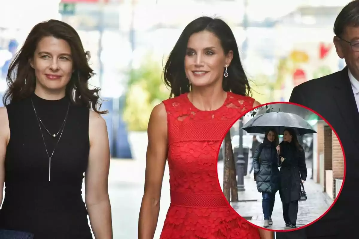 María Ocaña y Letizia caminando juntas, una con vestido rojo y otra con vestido negro, con una imagen insertada de ellas compartiendo un paraguas en un día lluvioso.