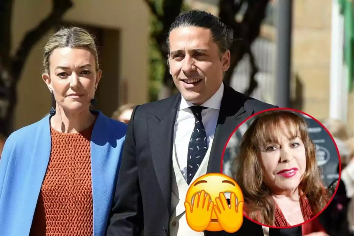 Marta Ortega y Carlos Torretta caminando al aire libre con Massiel en un círculo rojo en la esquina inferior derecha y un emoji de manos cubriendo la cara.