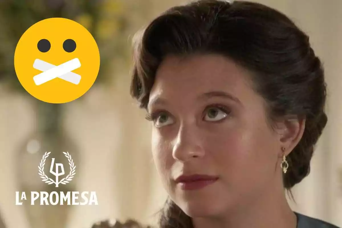 Montaje con un primer plano de Martina en 'La Promesa', un emoji con la boca tapada y el logo de la serie