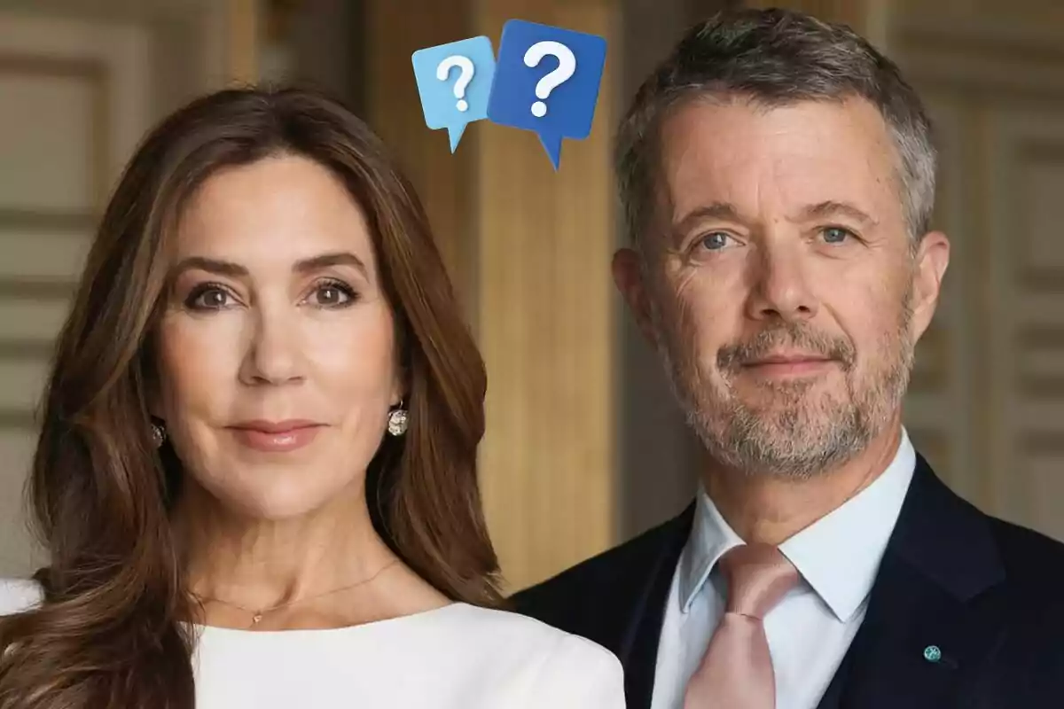 Mary y Federico de Dinamarca posando juntos con expresiones serenas y dos iconos de signos de interrogación sobre ellos.