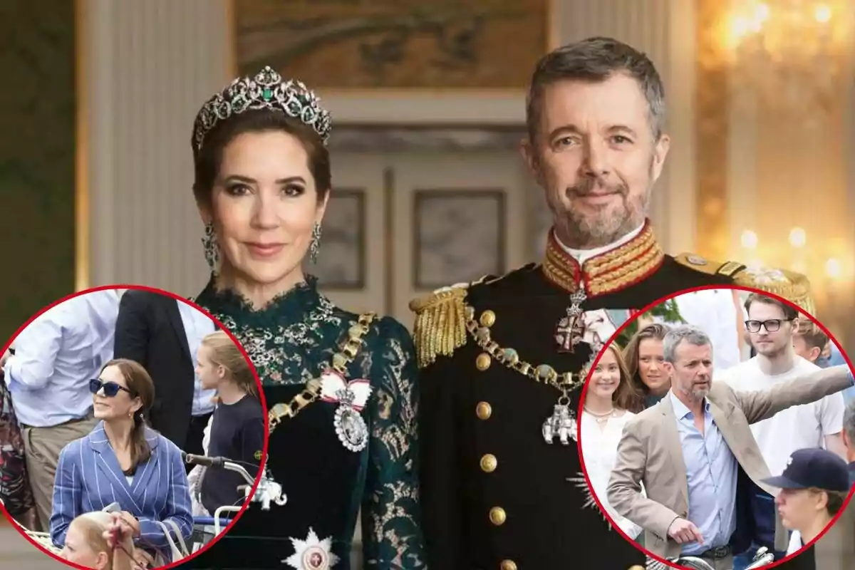 Mary y Federico de Dinamarca vestida con trajes formales y adornos reales, con dos imágenes circulares superpuestas en la parte inferior que muestran momentos casuales de su vida. Mary y Federico de Dinamarca vestida con trajes formales y adornos reales, con dos imágenes circulares superpuestas en la parte inferior que muestran momentos casuales de su vida.