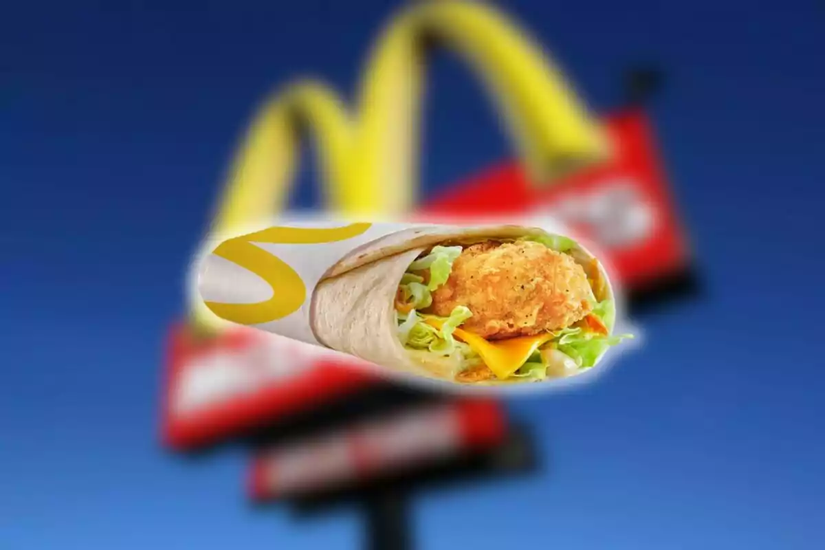 A chicken wrap with lettuce and cheese against a blurred background of a restaurant sign. A chicken wrap with lettuce and cheese against a blurred background of a restaurant sign.