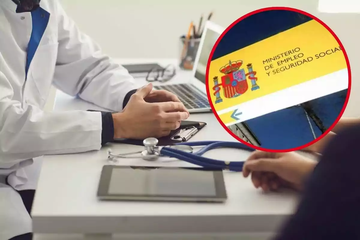 Un médico y un paciente conversan en una consulta, con un cartel del Ministerio de Empleo y Seguridad Social en un círculo rojo superpuesto.