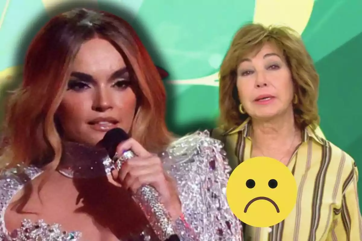 Melody y Ana Rosa Quintana en un montaje con fondo verde, una de ellas sostiene un micrófono y lleva un vestido brillante, mientras que la otra tiene una expresión seria y hay un emoji triste superpuesto.