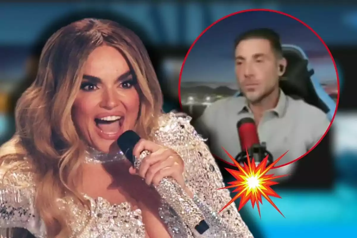 Melody con un vestido brillante canta emocionada mientras sostiene un micrófono, en la esquina superior derecha hay Antonio David Flores en un círculo rojo con un micrófono rojo frente a él.