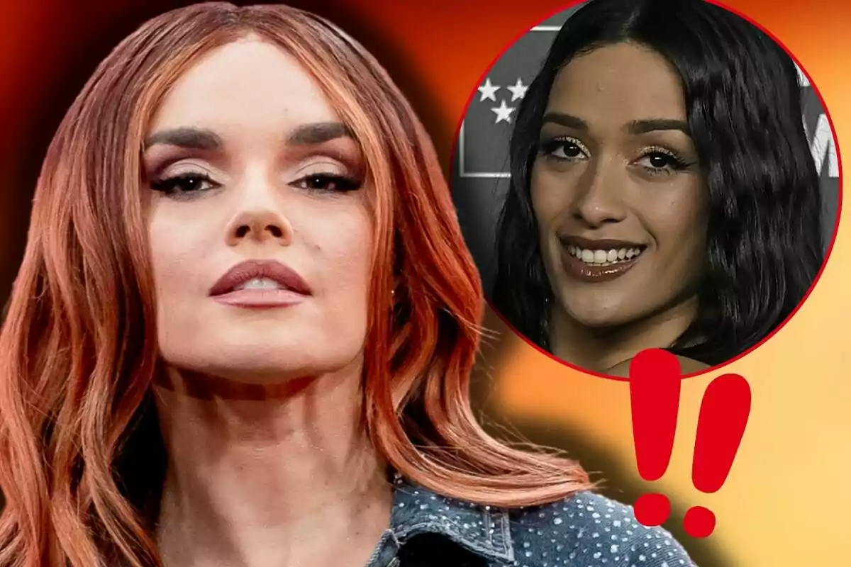 Melody mira al frente mientras en la esquina superior derecha hay un círculo con la imagen de Chanel Terrero sonriendo y dos signos de exclamación rojos.