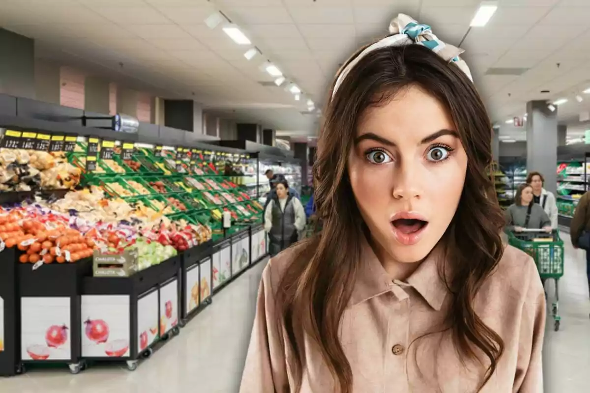 Una mujer con expresión de sorpresa en un supermercado lleno de frutas y verduras.
