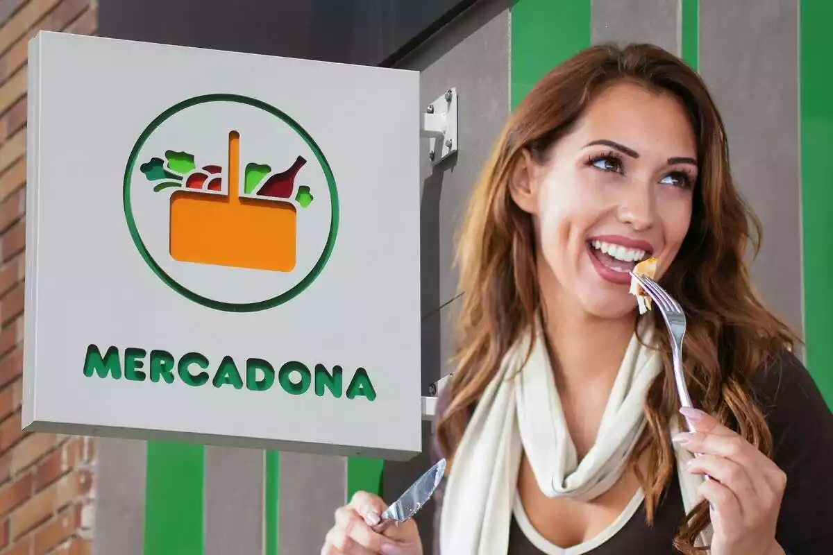 Montaje de una mujer comiendo y el logo de Mercadona