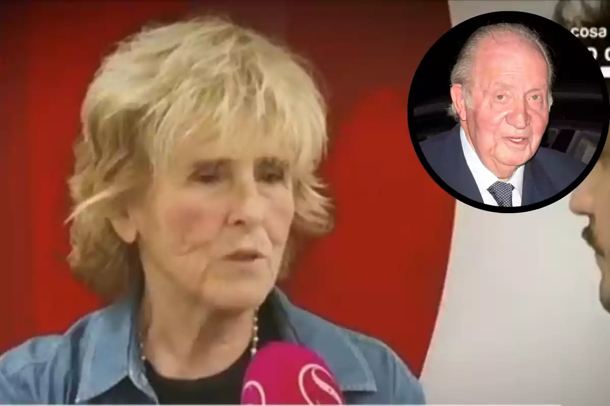 Montaje con Mercedes Milá, mientras está siendo entrevistada en 'Socialité', y el rey Juan Carlos, con traje y corbata dentro de un círculo negro en la esquina superior derecha