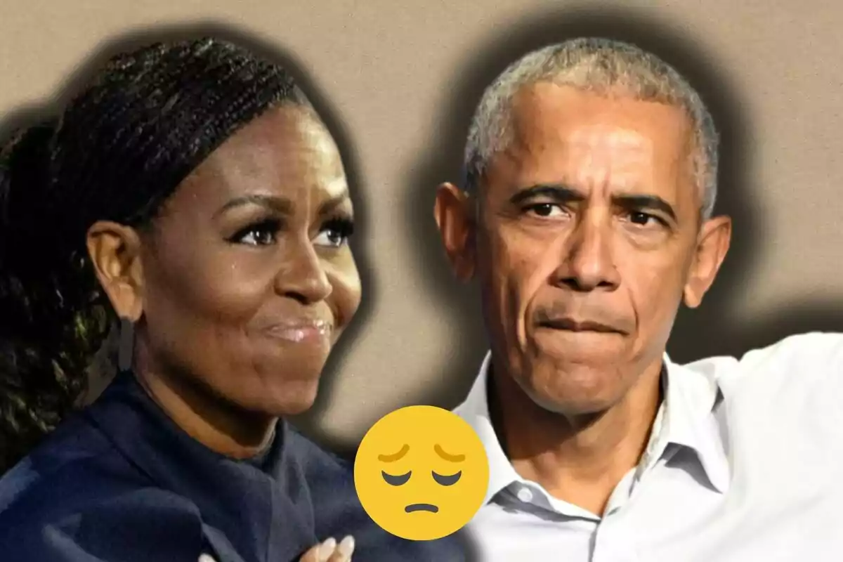 Michelle y Barack Obama con expresiones serias junto a un emoji de cara pensativa.