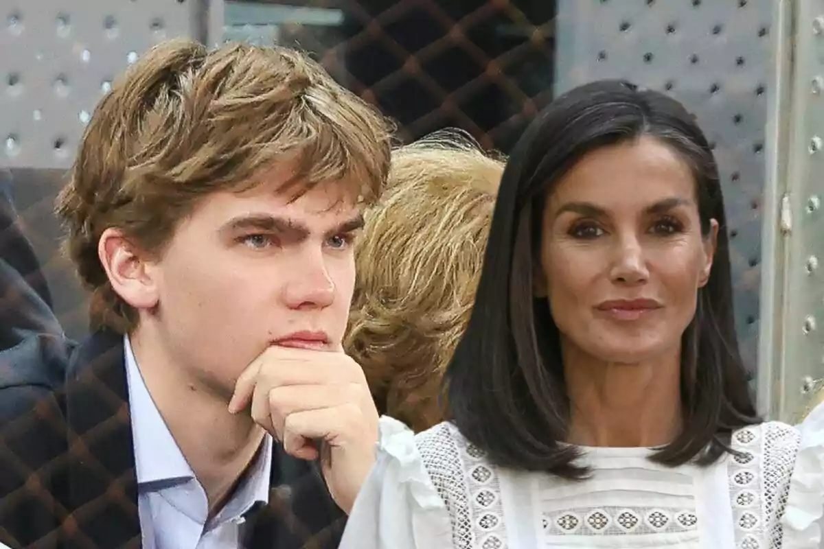 Montaje de Miguel Urdangarin serio con la mano en la barbilla y Letizia sonriendo en blusa blanca