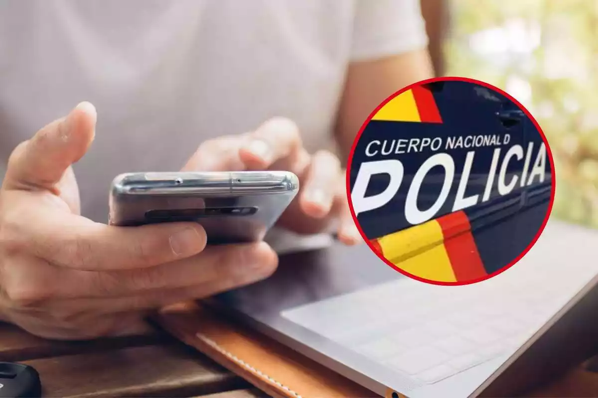 Montaje manos de una persona utilizando un teléfono y redonda con un coche de la Policía Nacional