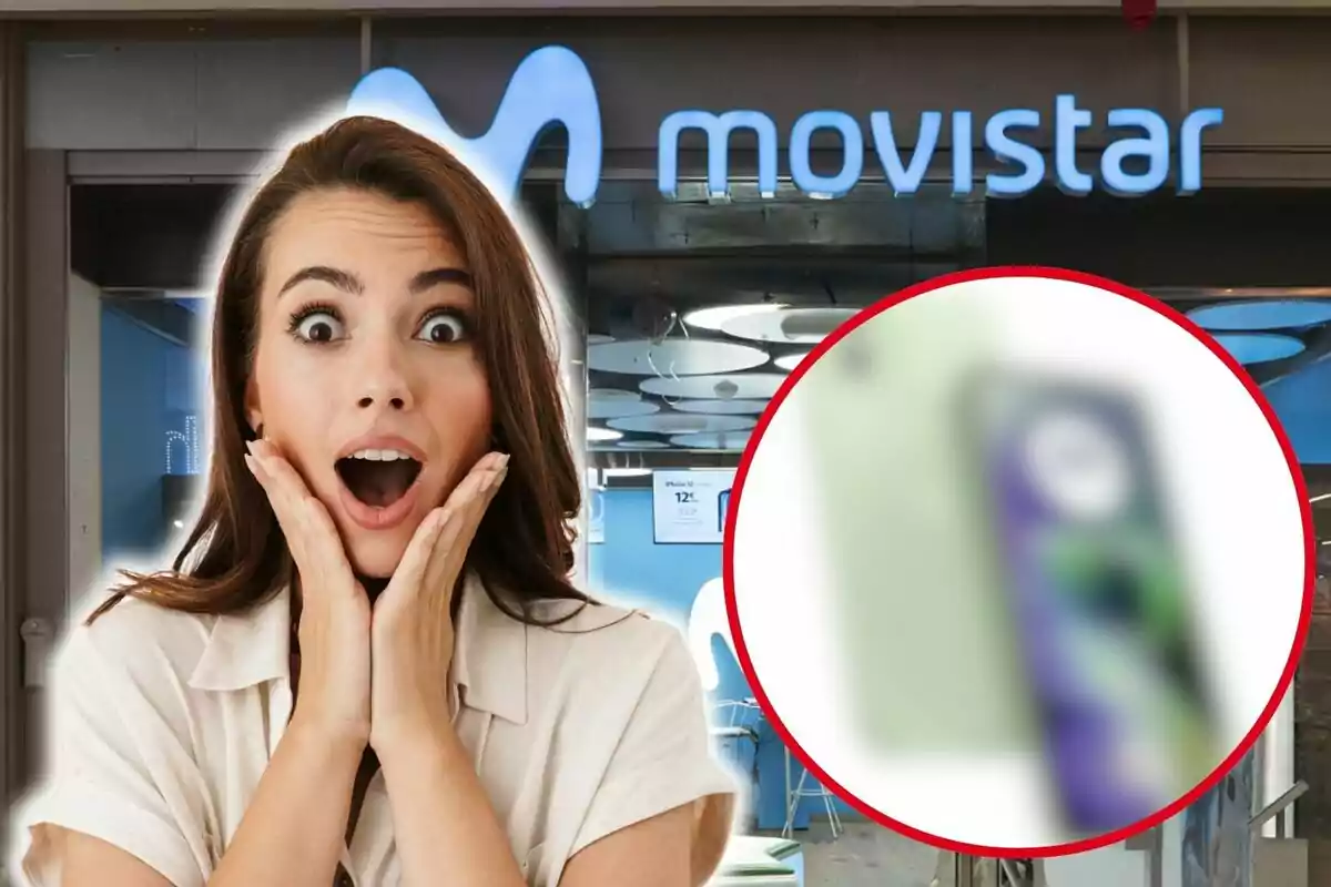 Una mujer con expresión de sorpresa frente a una tienda de Movistar, con una imagen borrosa de un teléfono móvil en un círculo rojo a su lado.