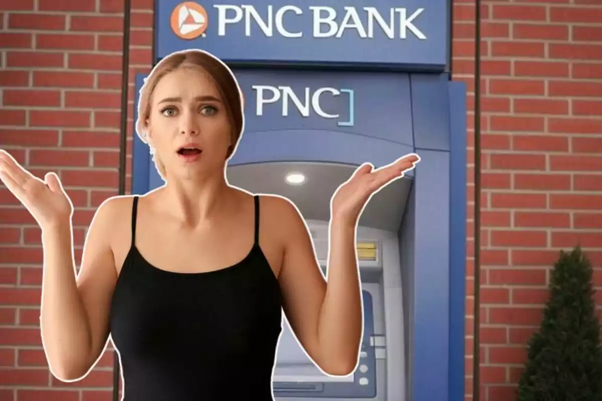 A woman with a surprised expression in front of a bank ATM.