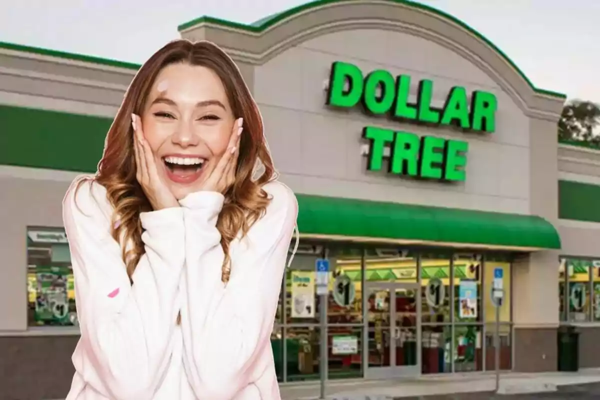Mujer joven sonriente con las manos en el rostro frente a una tienda Dollar Tree
