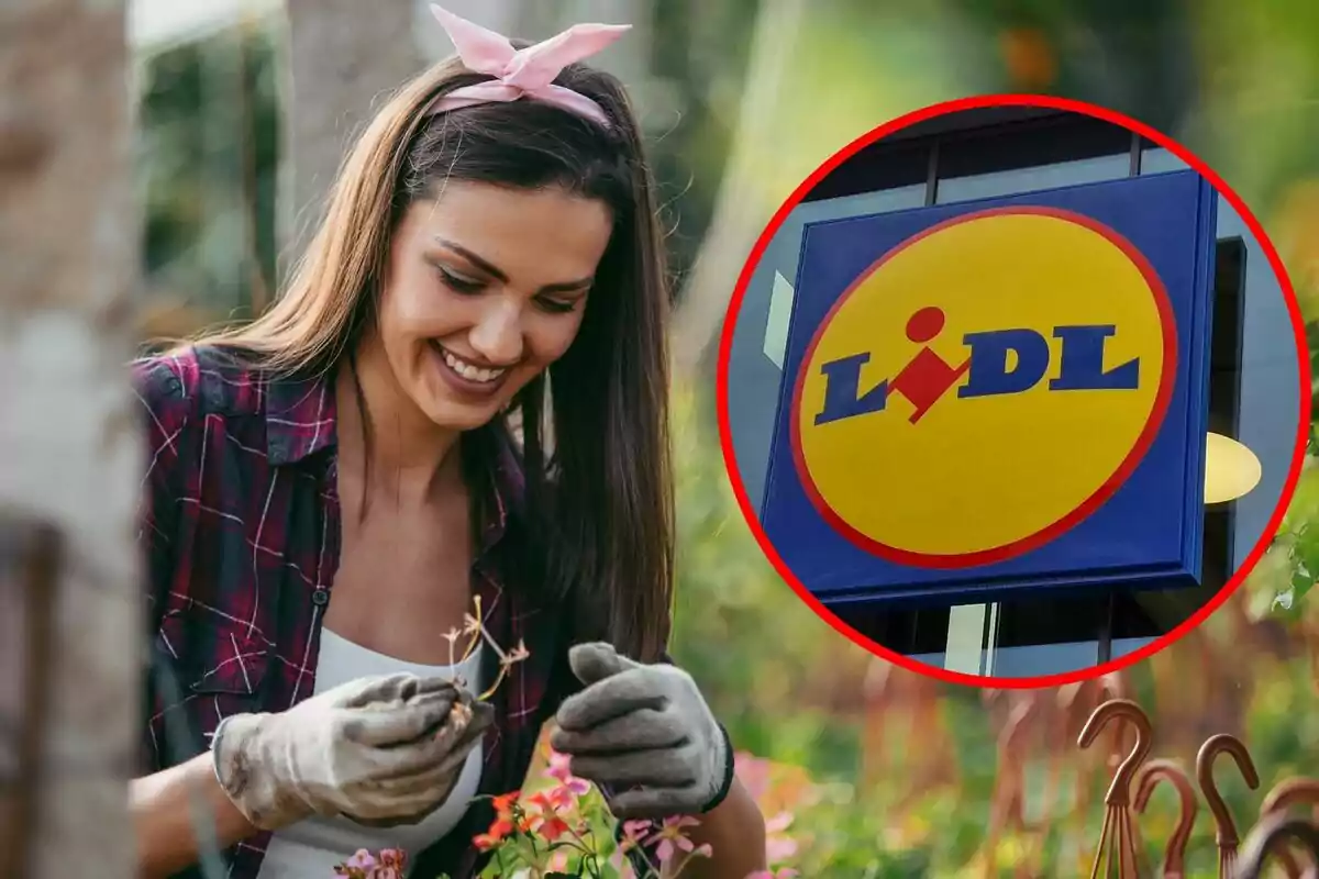 Una persona sonriente cuidando plantas con un letrero de supermercado en un círculo rojo.
