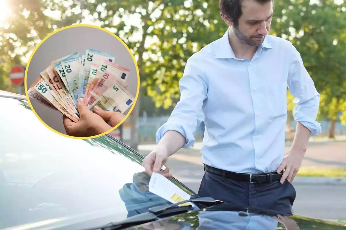 Montaje de un hombre cogiendo una multa del coche y en un lado la imagen de varios billetes de euro